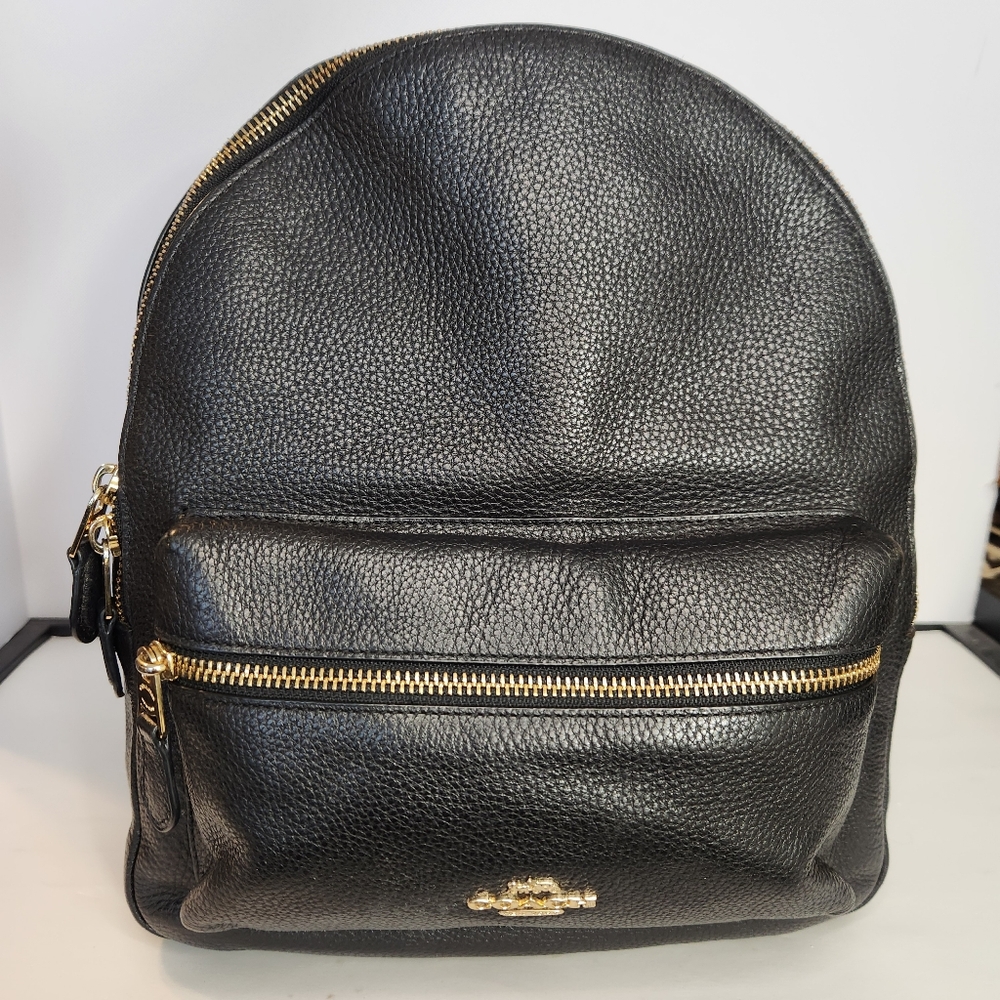 Coach Charlie Black Pebbled Leather Backpack F30550 City Chic Weekender Goldtone